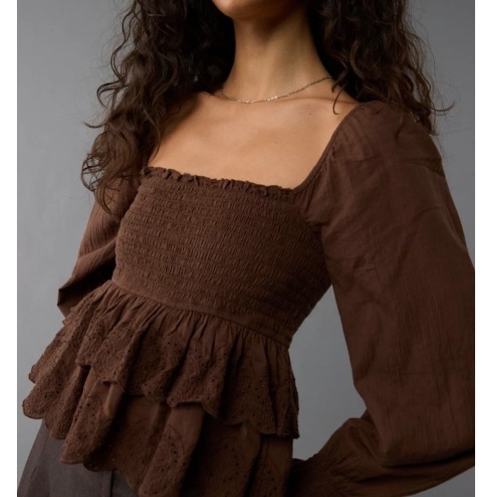 AE Womens XL Brown Smocked Tiered Top Balloon Sleeve Eyelet Peasant Milkmaid